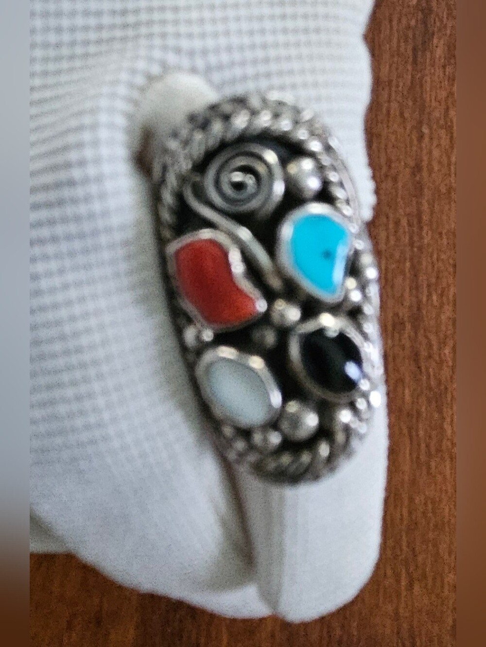 Large Navajo Sterling Silver Ring With Turquoise & Coral Stone Signed JJ, 12 G